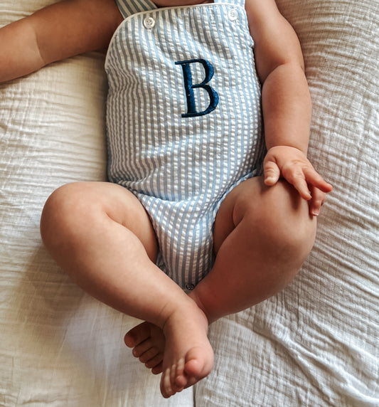 Custom Embroidered Blue Striped Seersucker Sunsuit
