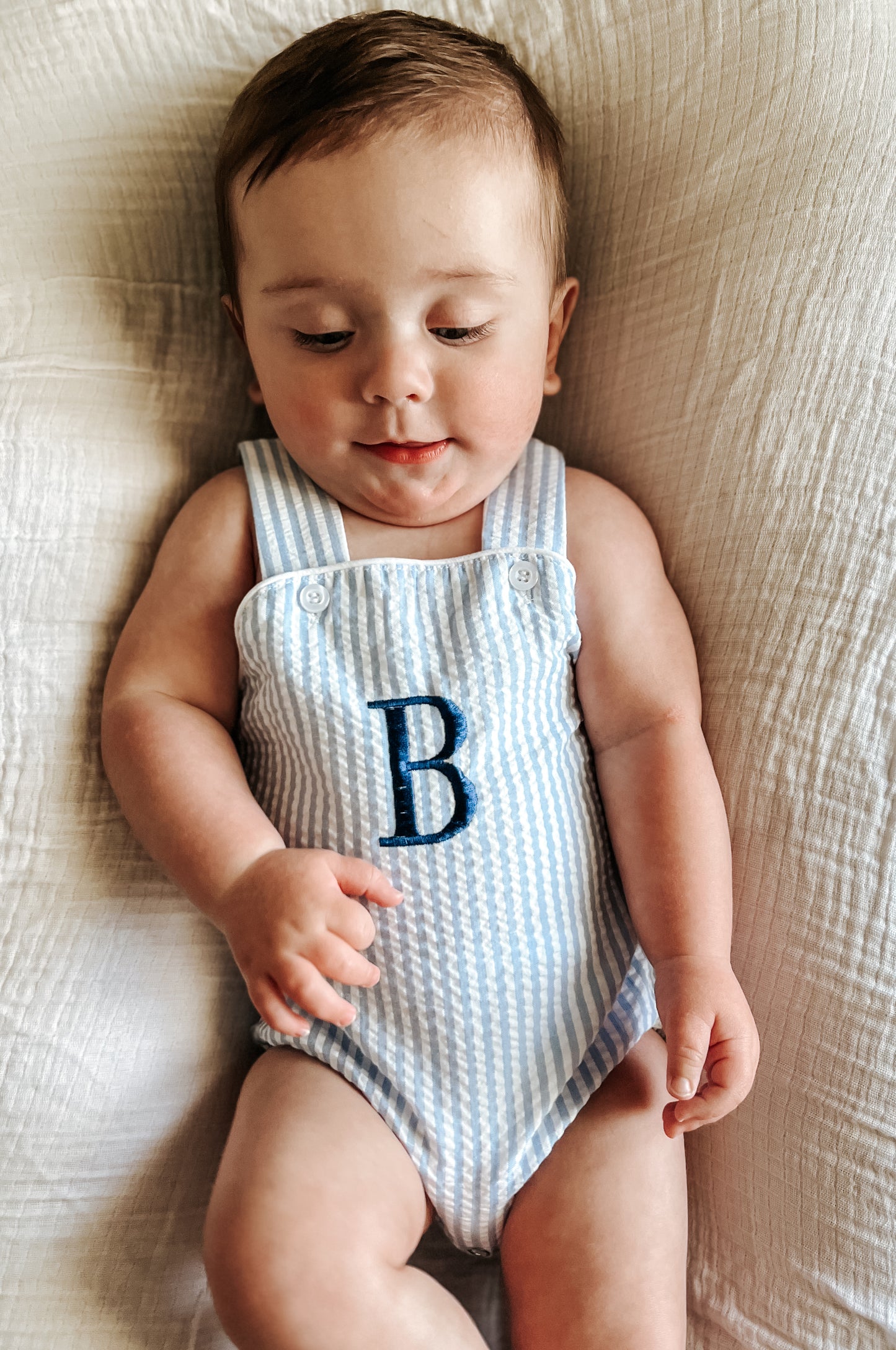 Custom Embroidered Blue Striped Seersucker Sunsuit