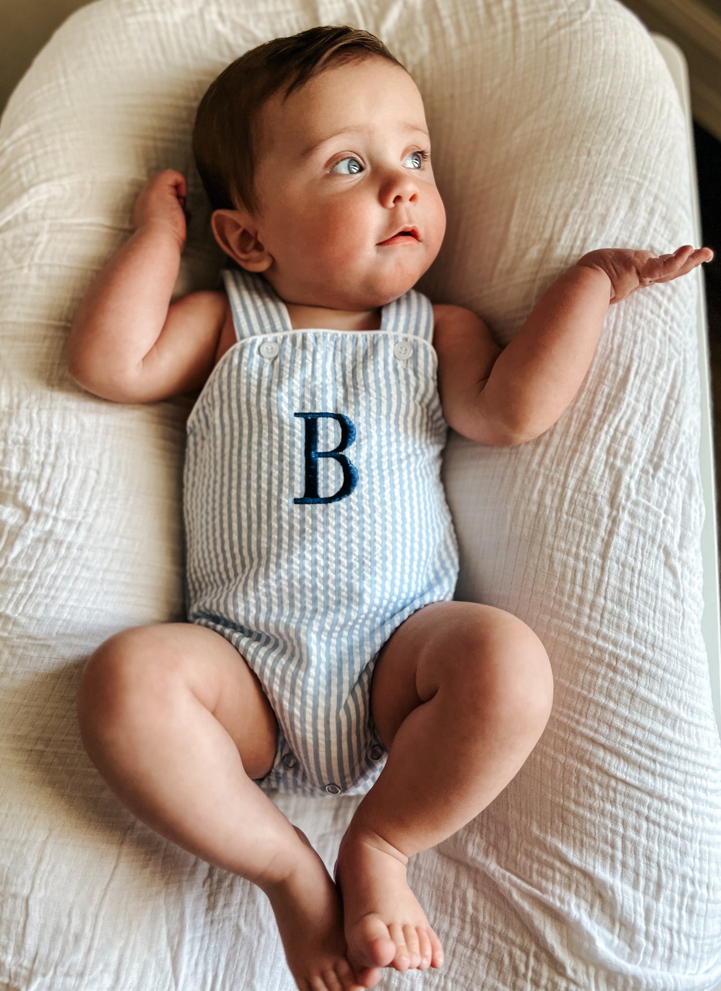 Custom Embroidered Blue Striped Seersucker Sunsuit