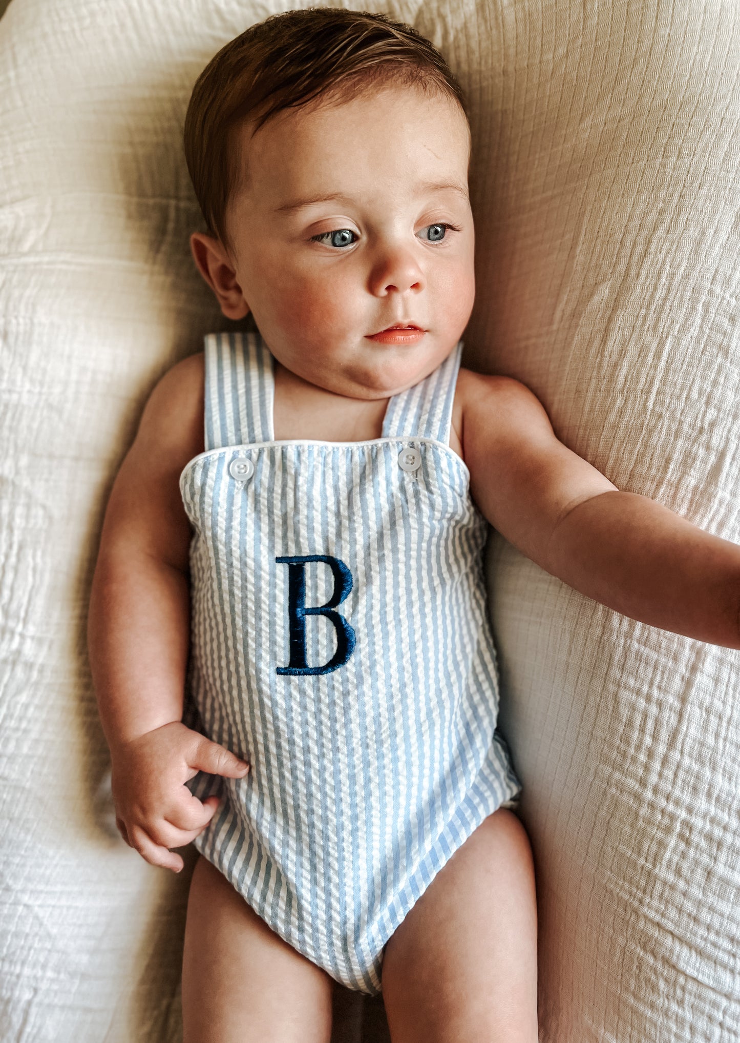 Custom Embroidered Blue Striped Seersucker Sunsuit