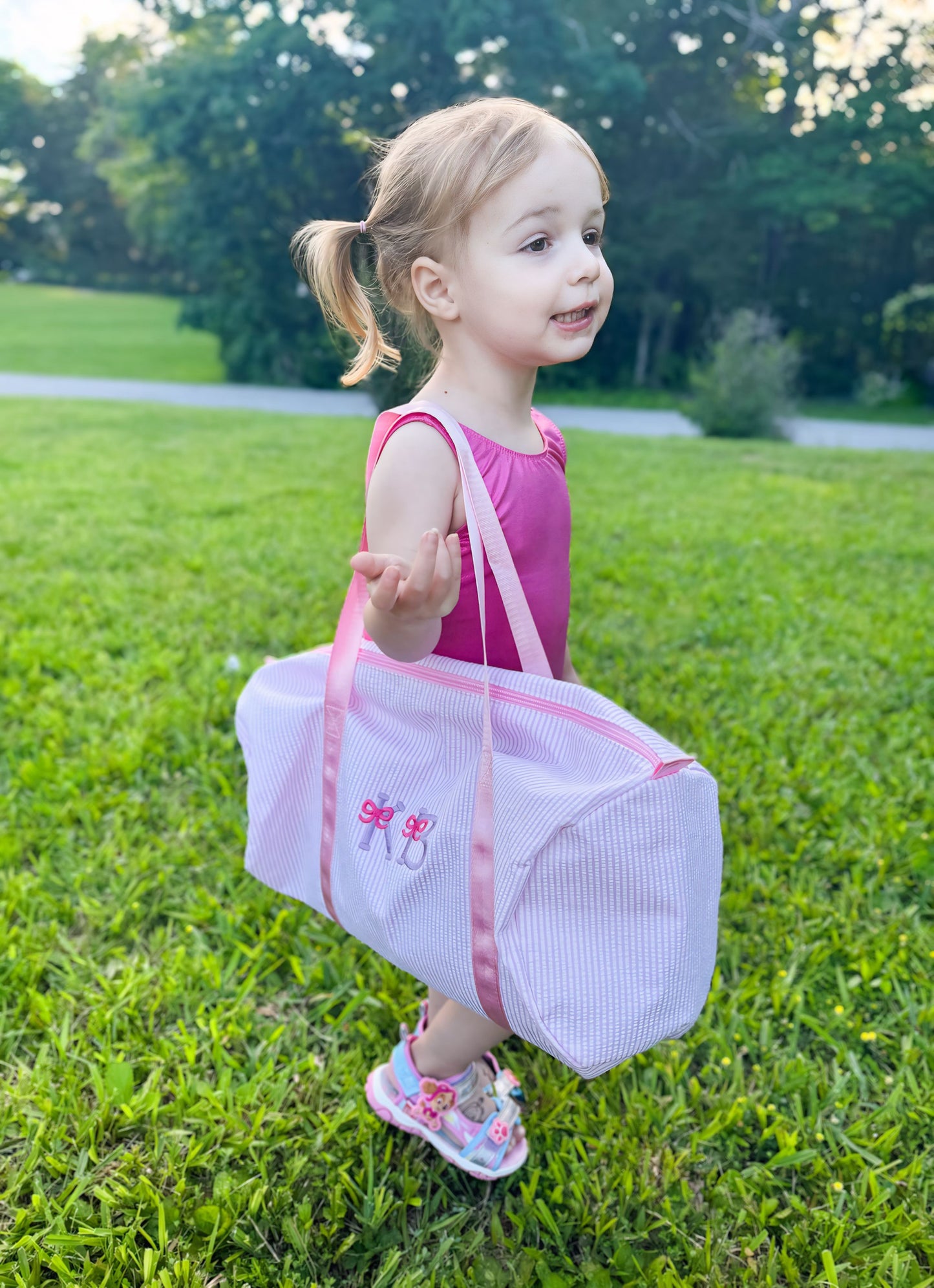 Custom Embroidered Seersucker Toddler Duffle Bag - Pink
