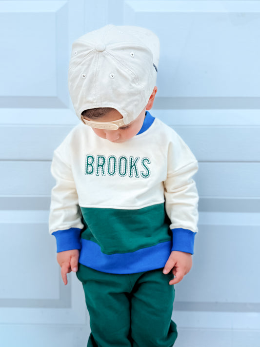Custom Embroidered Organic Cotton Colorblock Jogger Set — Cream. Blue & Green