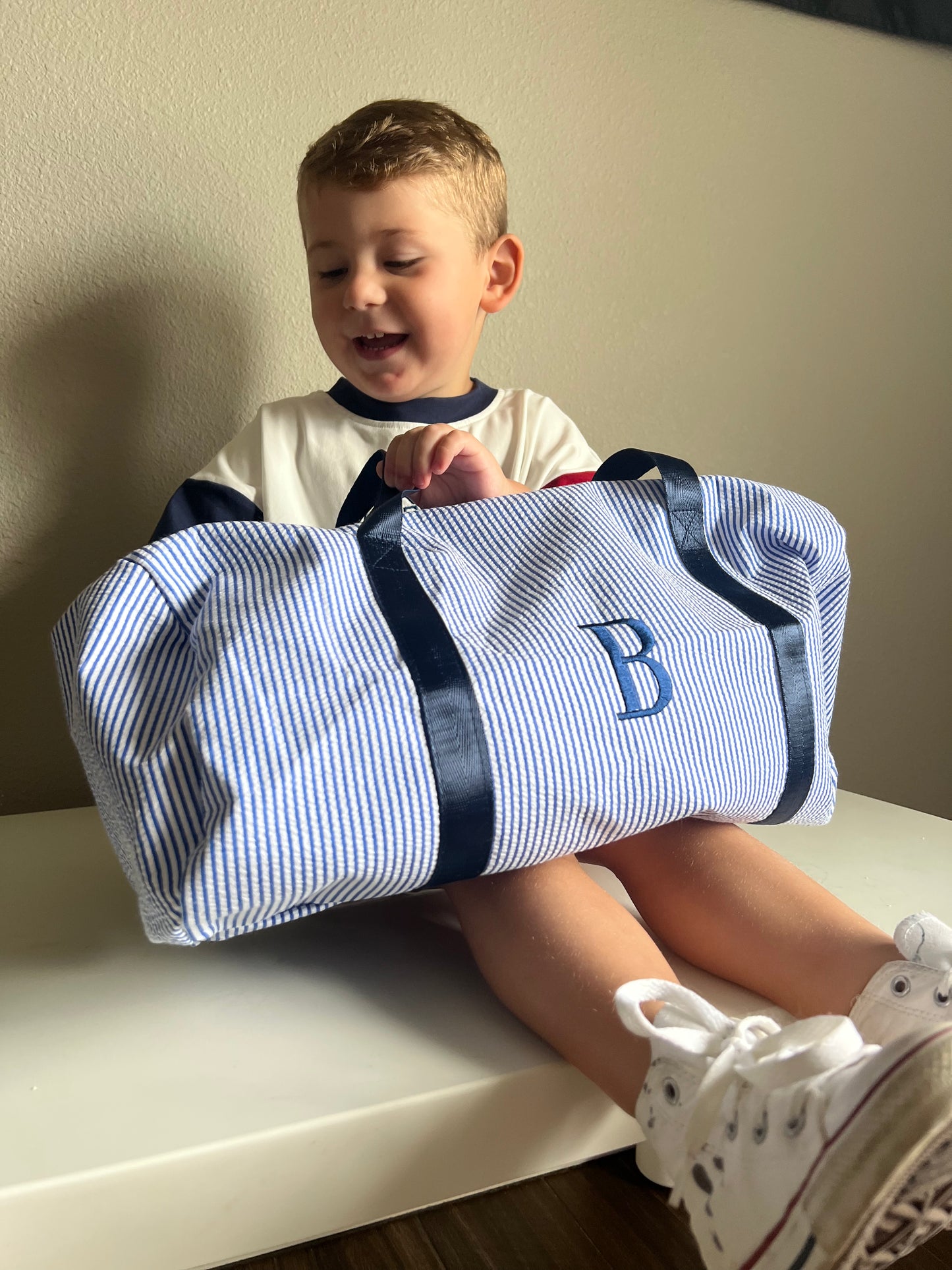 Custom Embroidered Seersucker Toddler Duffle Bag - Navy