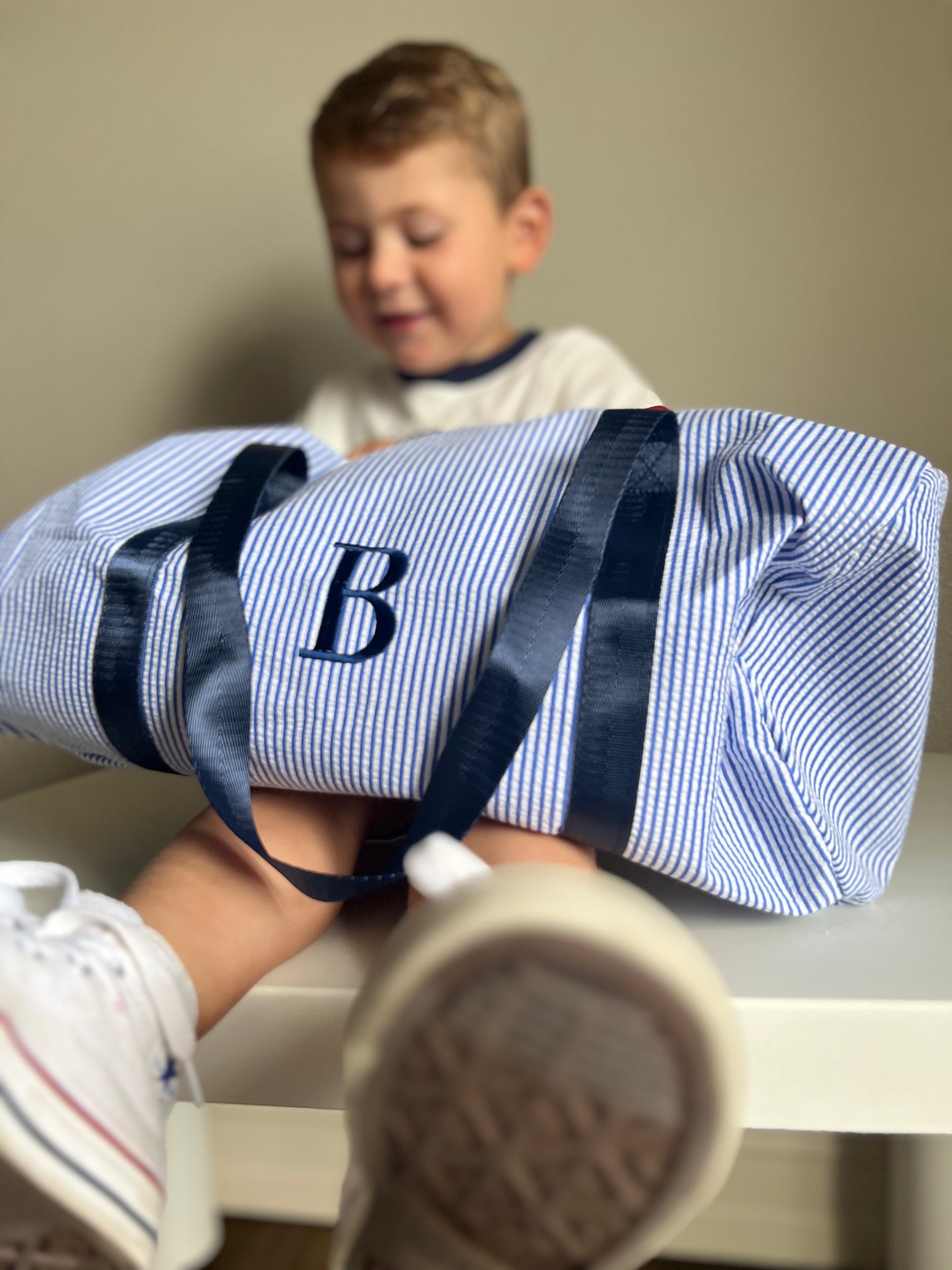 Custom Embroidered Seersucker Toddler Duffle Bag - Navy