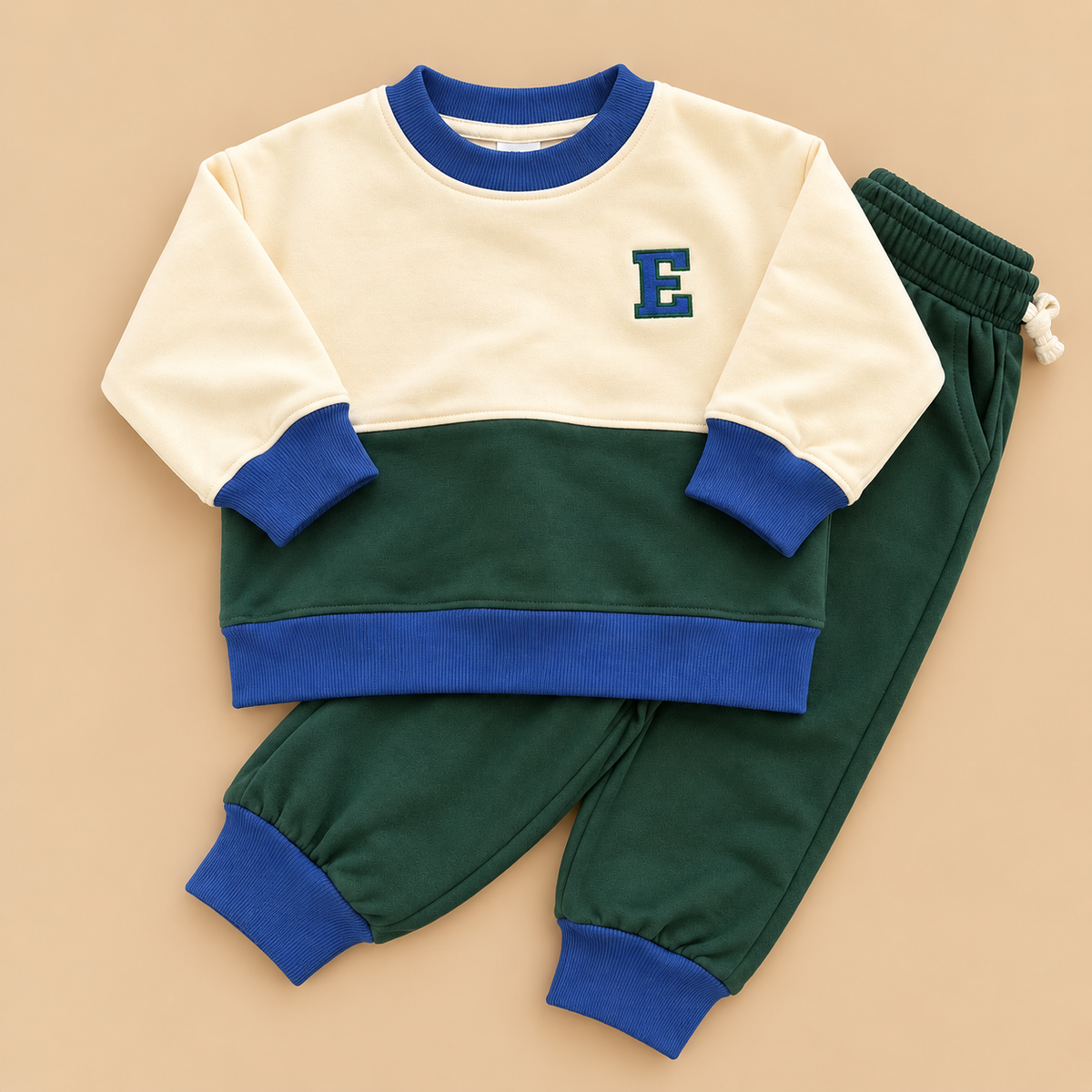 Custom Embroidered Organic Cotton Colorblock Jogger Set — Cream. Blue & Green