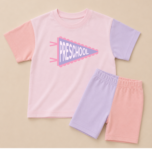 Back to School Pink Colorblock Tee & Bike Shorts Set - Grade Level Pennant