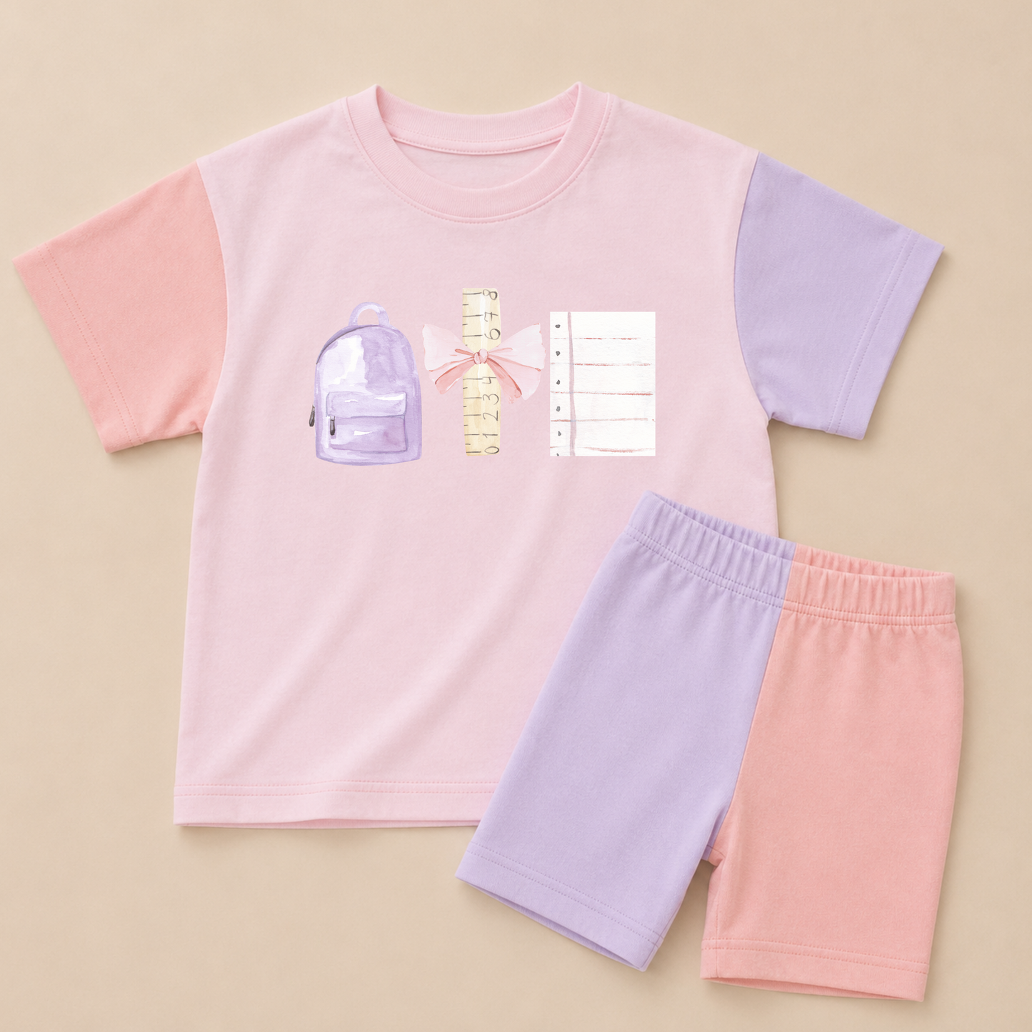 Back to School Pink Colorblock Tee & Bike Shorts Set