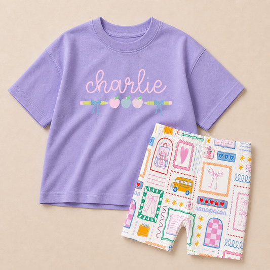 Custom Embroidered Girls Back to School Tee & Biker Shorts Set – Pink or Purple
