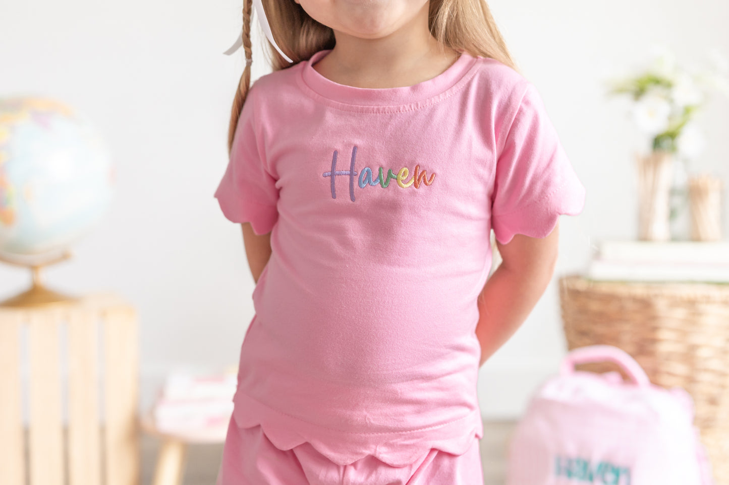 Custom Embroidered Scalloped Shorts Set - Pink or Purple
