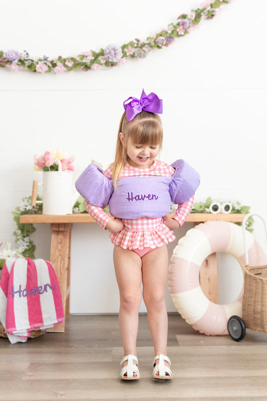 Custom Embroidered Purple Gingham Puddle Jumper Cover