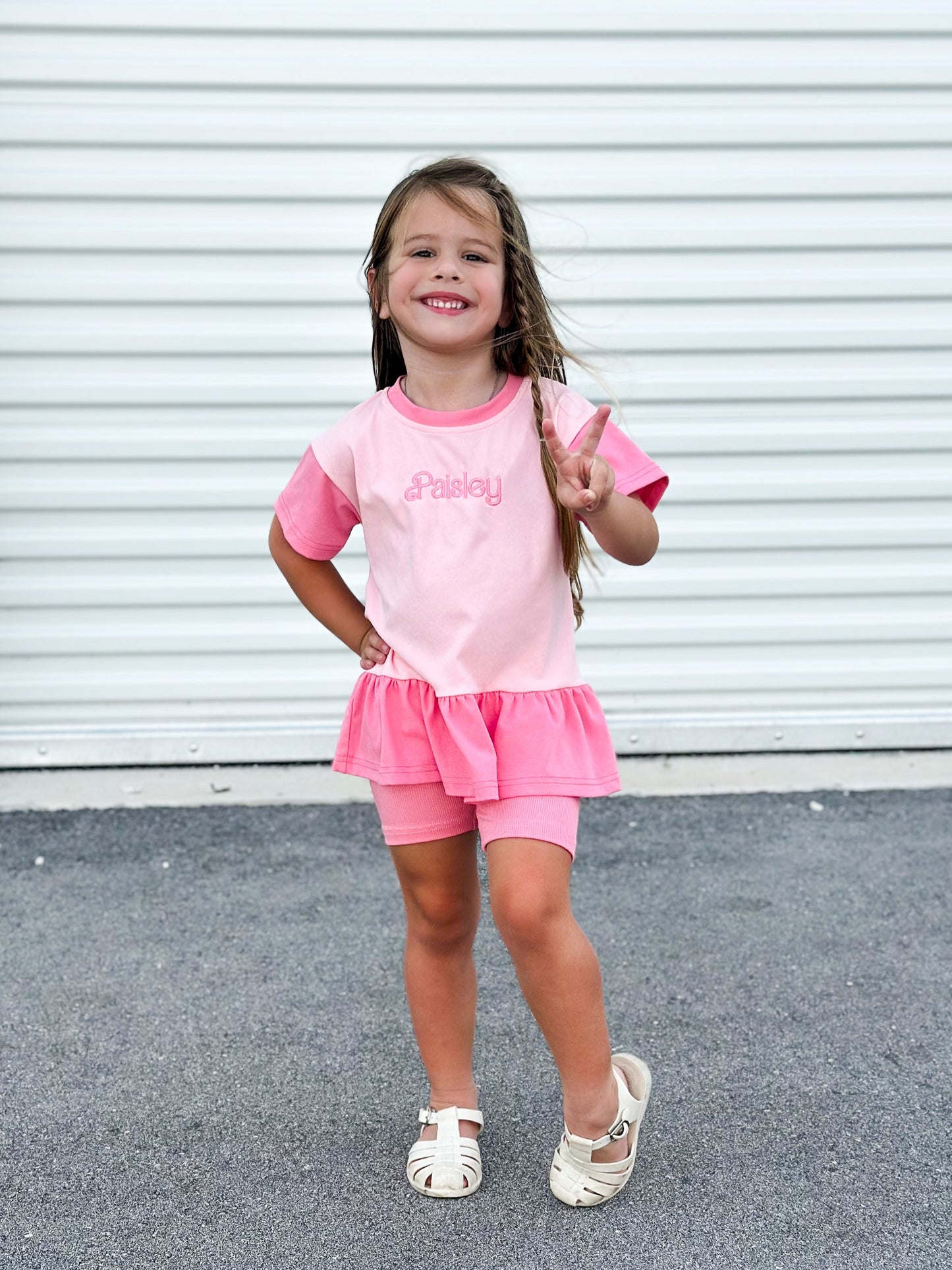 Custom Embroidered Colorblock Peplum Tee and Biker Shorts Set