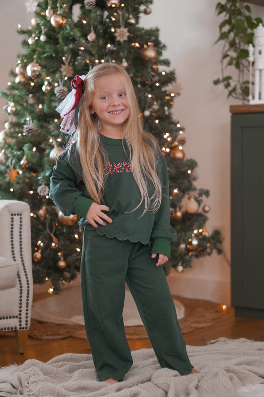 Custom Embroidered Scalloped Set - Christmas Red, Cream, Green or Brown