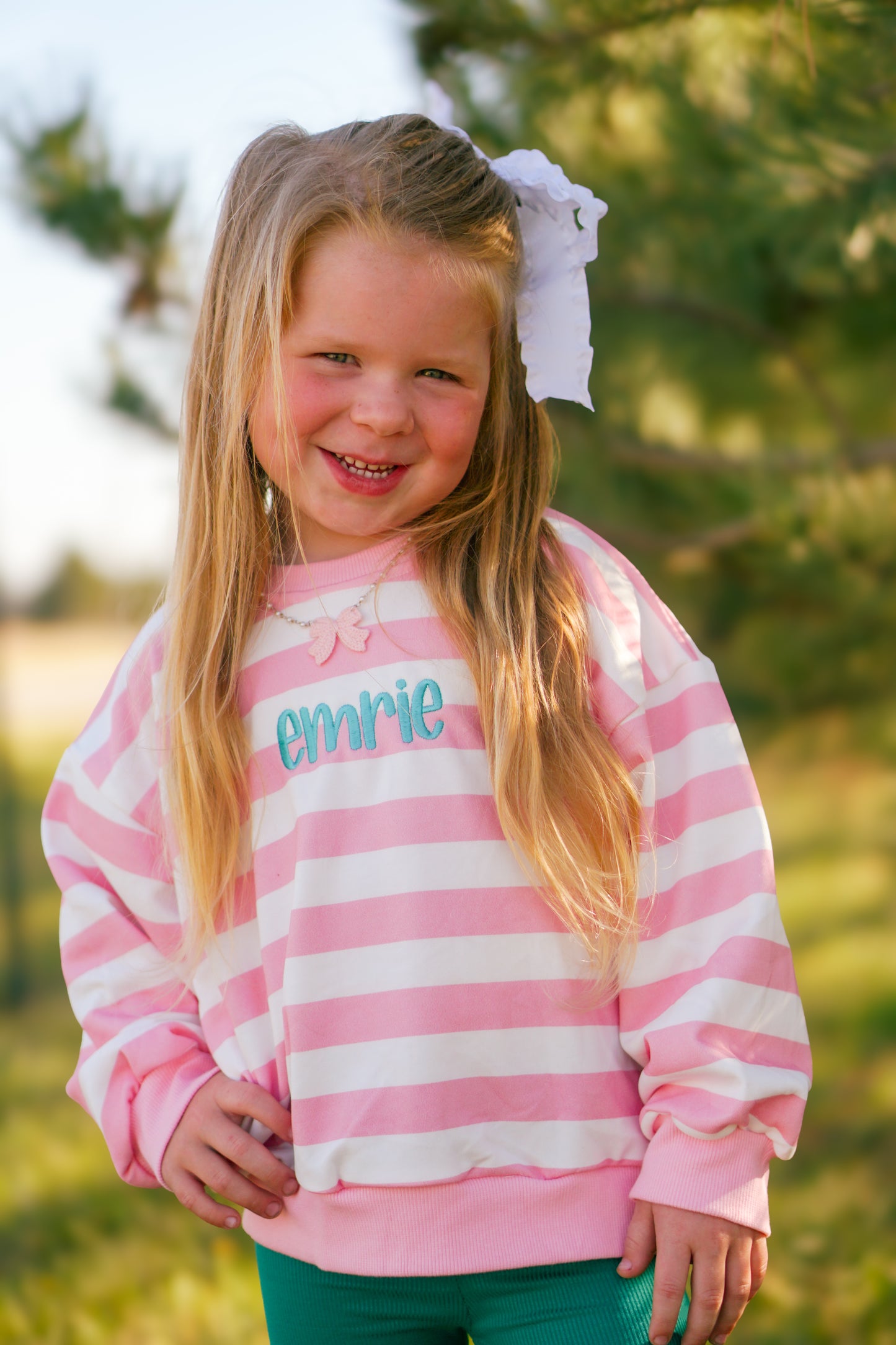 Pink Striped Crewneck Sweatshirt - Optional Custom Embroidery