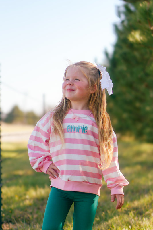 Pink Striped Crewneck Sweatshirt - Optional Custom Embroidery