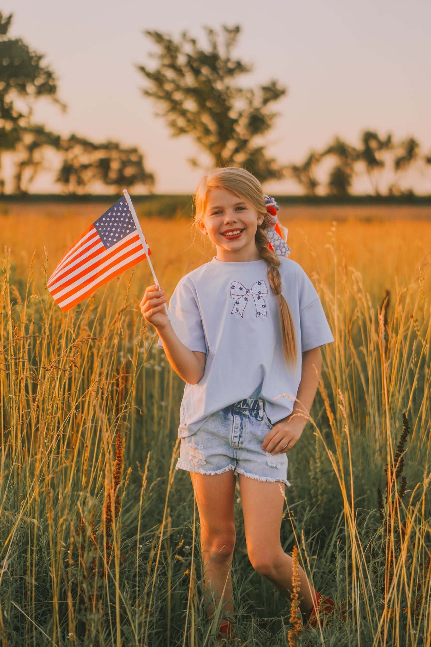 Custom Embroidered Light Blue 4th of July Oversized Tee or T-Shirt Romper - Bow