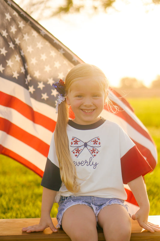 Custom Embroidered Blue 4th of July Tee - Floral Bow