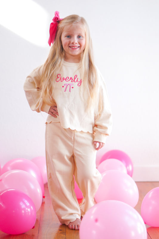 Custom Embroidered Valentine's Day Pink Bow & Hearts Scalloped Set - Cream