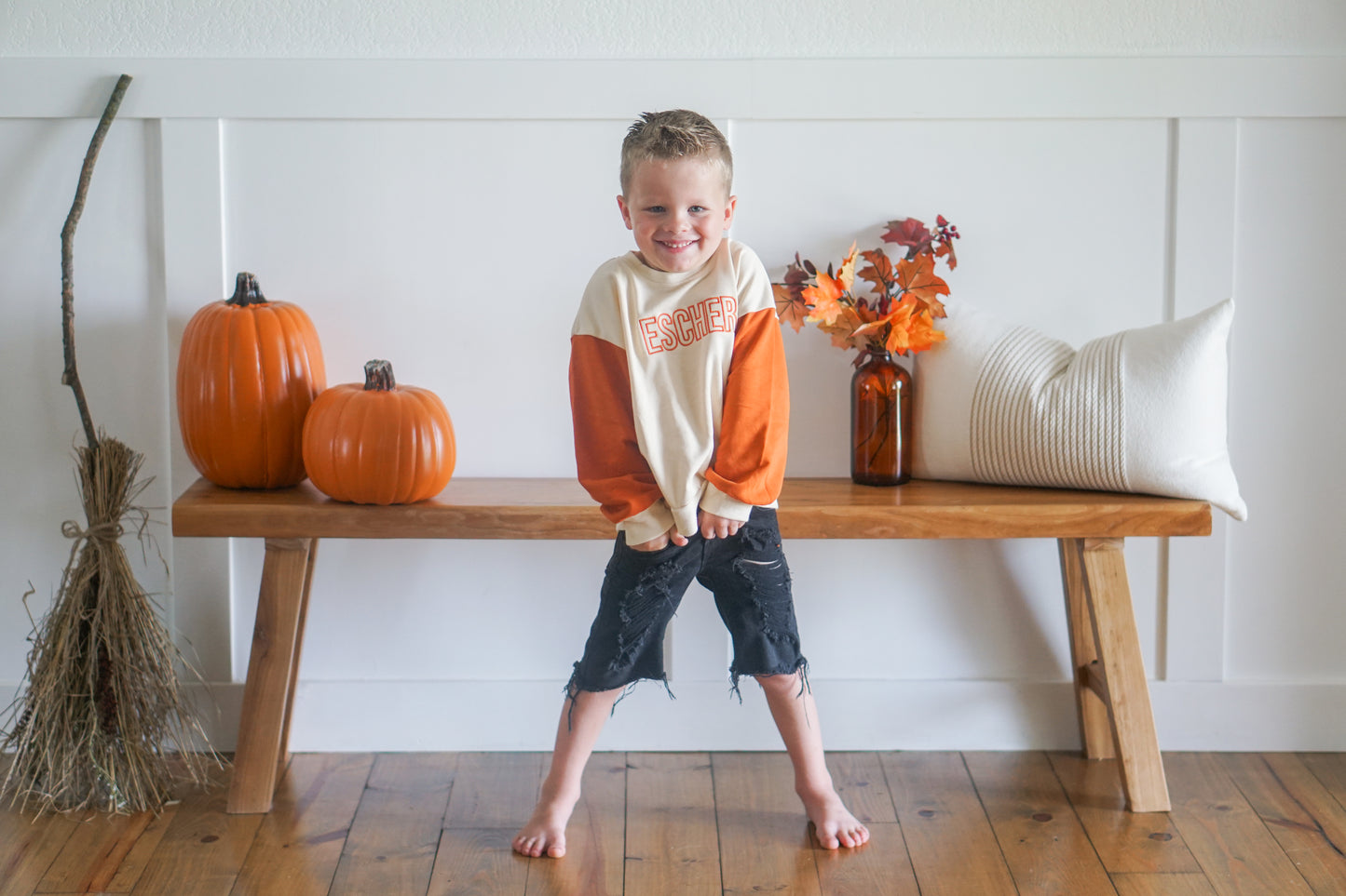 Custom Embroidered Orange Colorblock Crewneck Sweatshirt or Romper