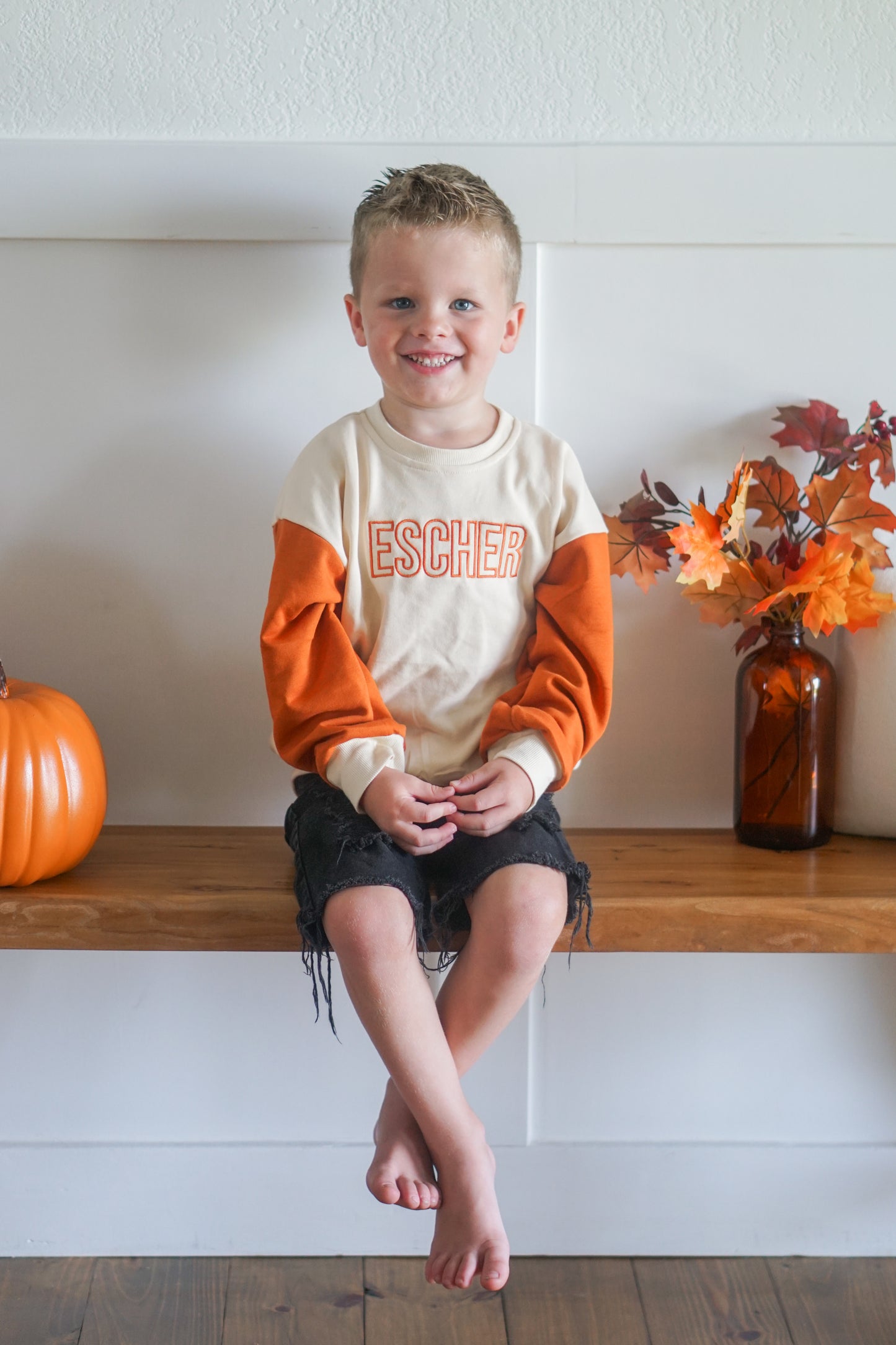 Custom Embroidered Orange Colorblock Crewneck Sweatshirt or Romper
