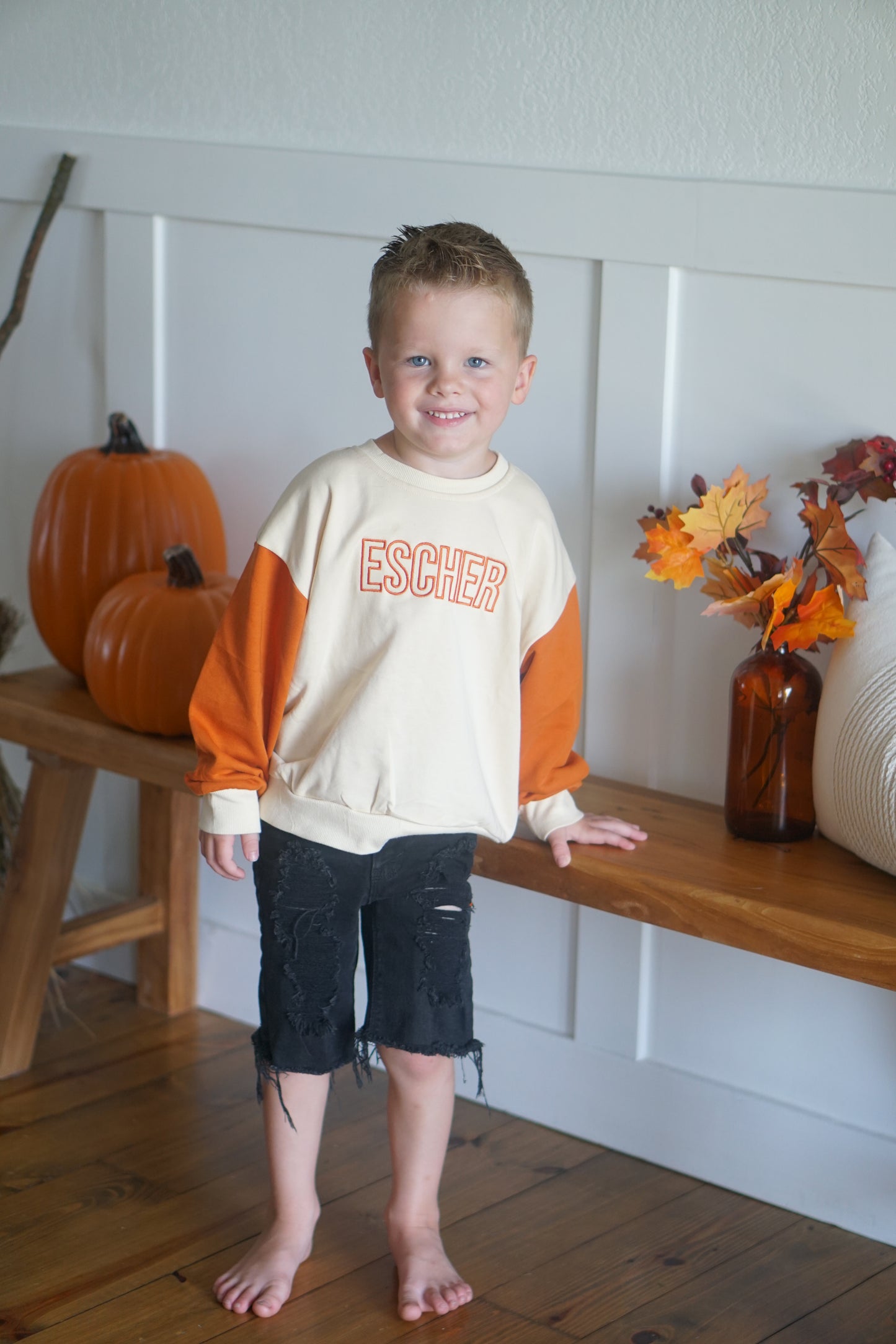 Custom Embroidered Orange Colorblock Crewneck Sweatshirt or Romper