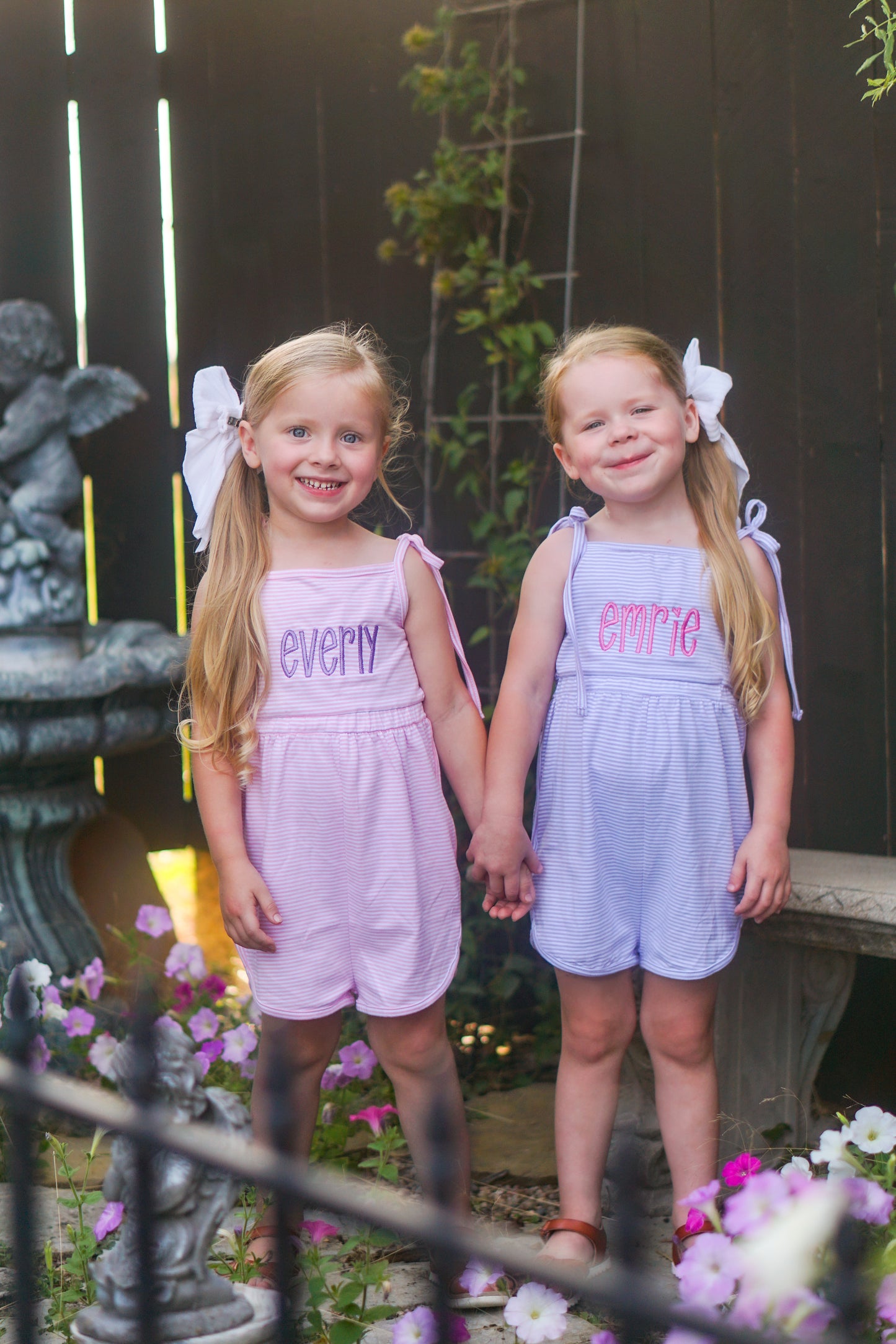 Custom Embroidered Striped Tie Strap Tank Romper - Purple, Blue, or Pink