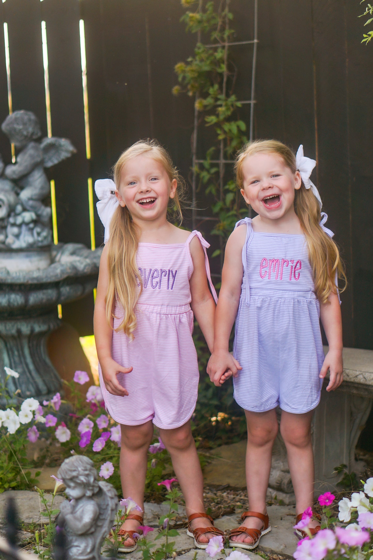 Custom Embroidered Striped Tie Strap Tank Romper - Purple, Blue, or Pink