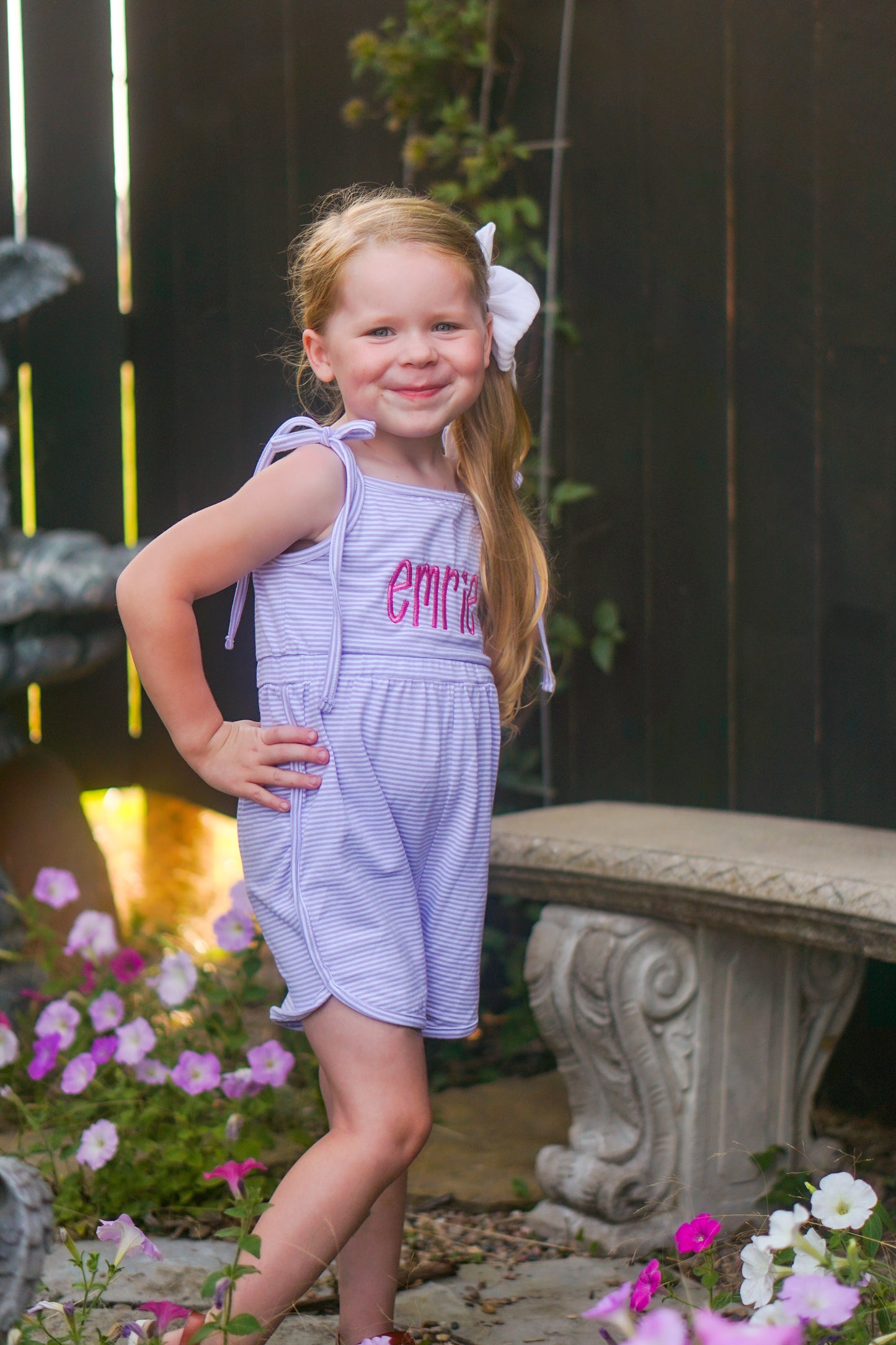 Custom Embroidered Striped Tie Strap Tank Romper - Purple, Blue, or Pink