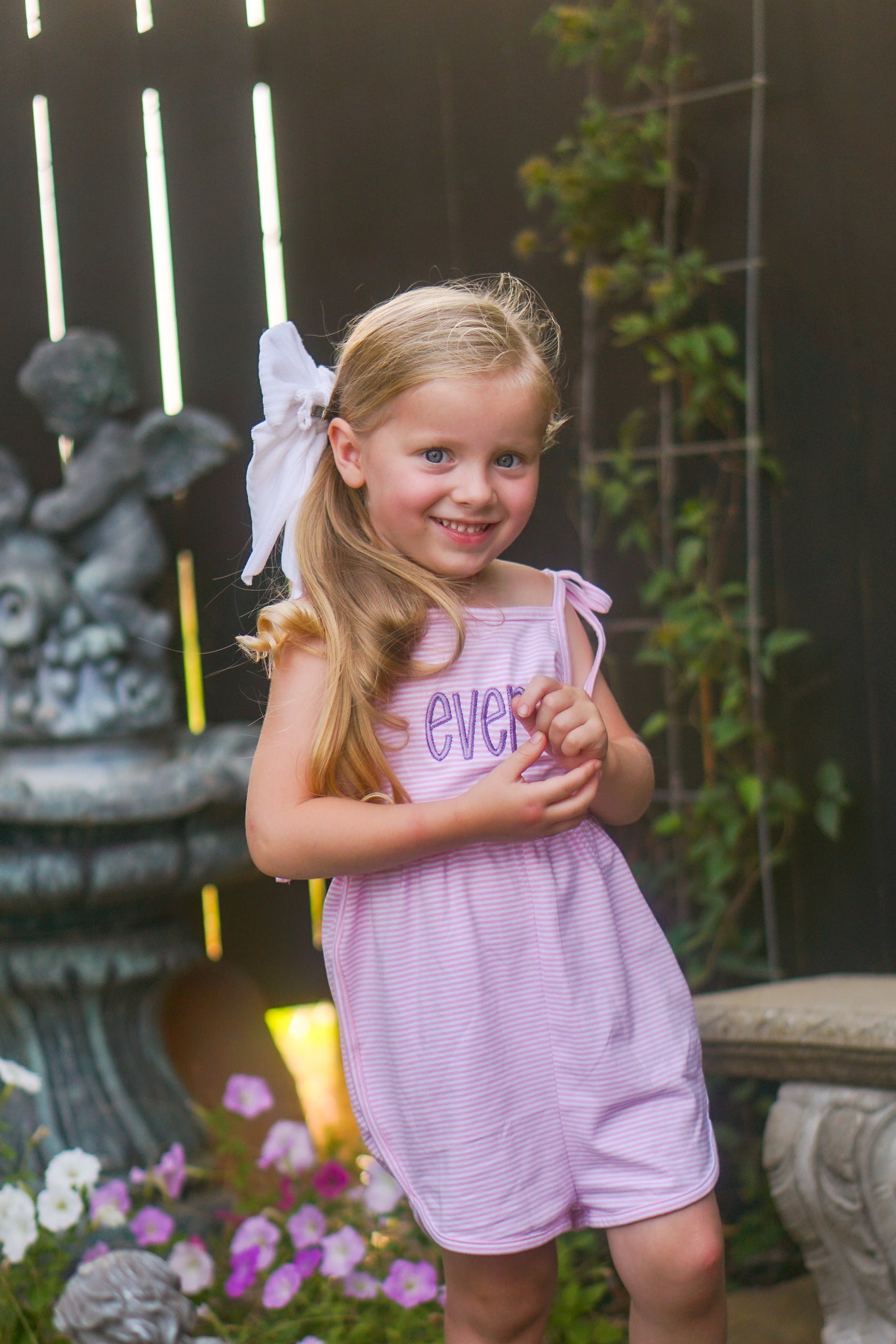 Custom Embroidered Striped Tie Strap Tank Romper - Purple, Blue, or Pink