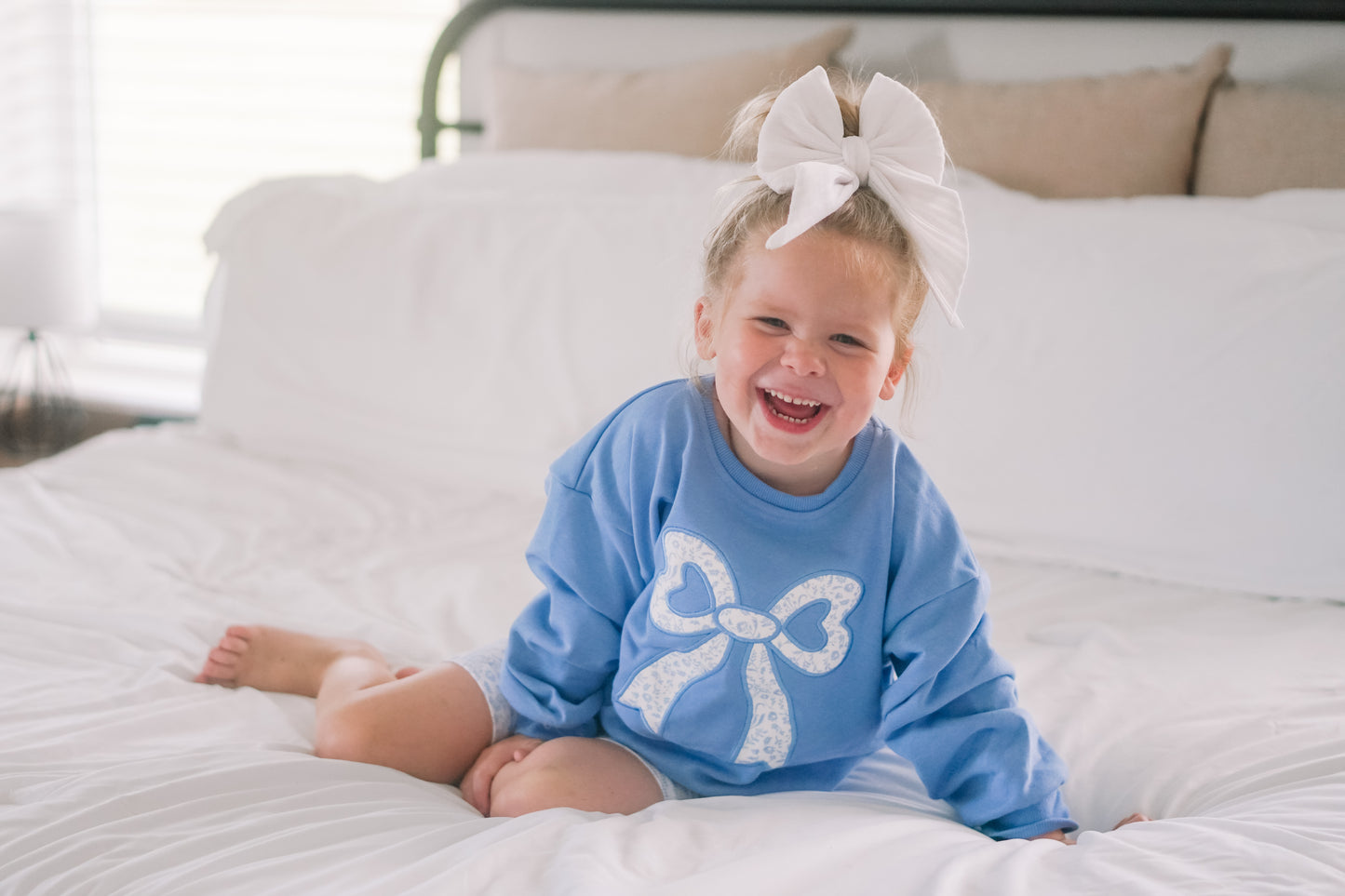 Blue Toile Applique Bow Sweatshirt Romper or Crewneck
