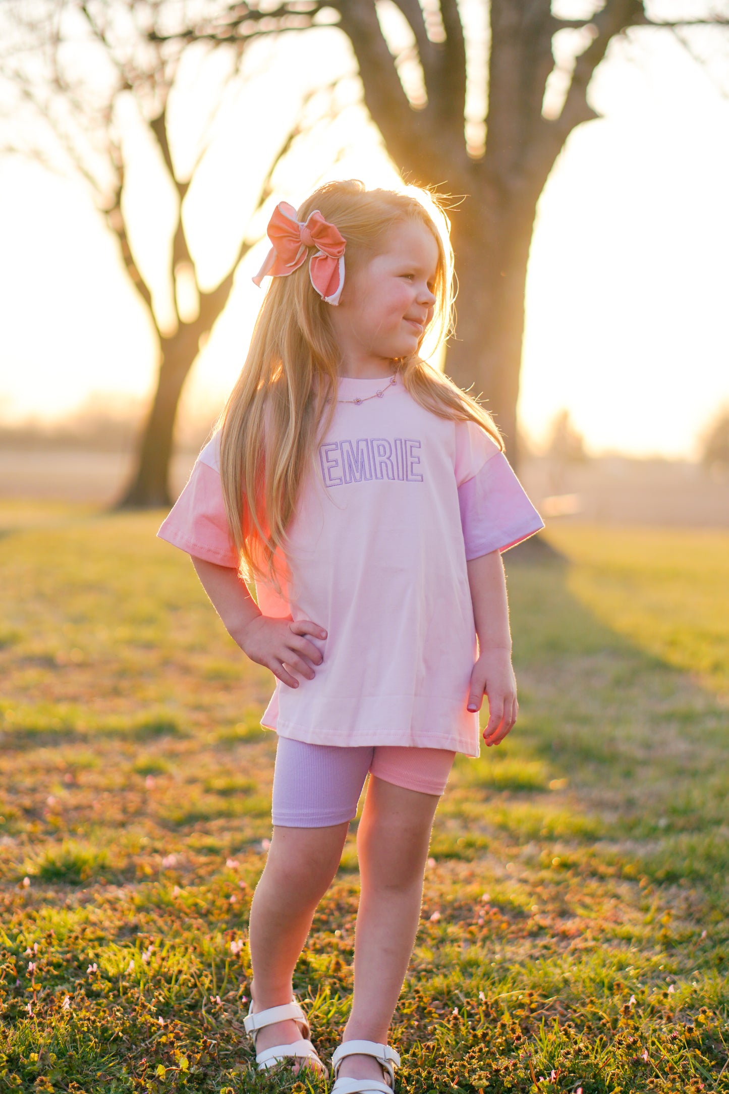 Custom Embroidered Colorblock Tee and Biker Shorts Set - Pink & Purple Set