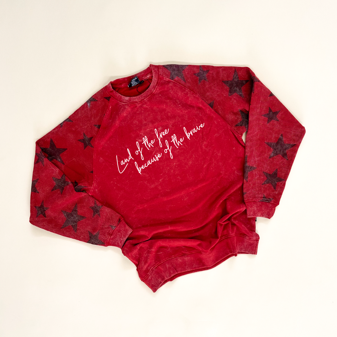 Land of the Free Script Adult Waffle Sleeve Star Crewneck - Red