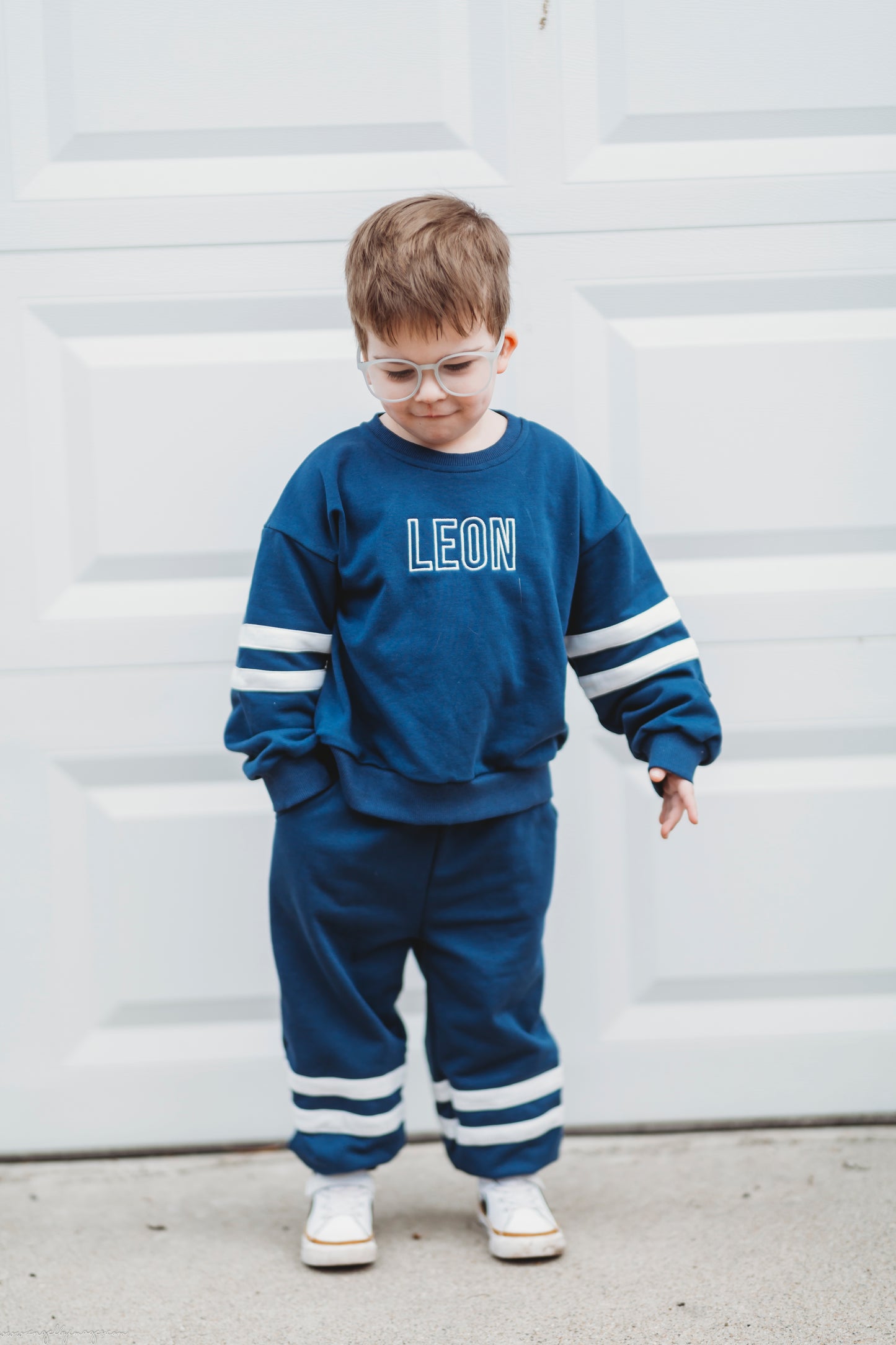 Custom Embroidered Varsity Striped Jogger Set - Navy