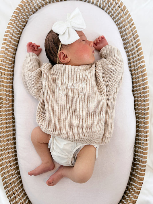 Custom Embroidered Knit Sweater - Beige Tone on Tone