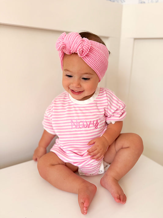 Pink Striped Bubble Romper - Optional Custom Embroidery