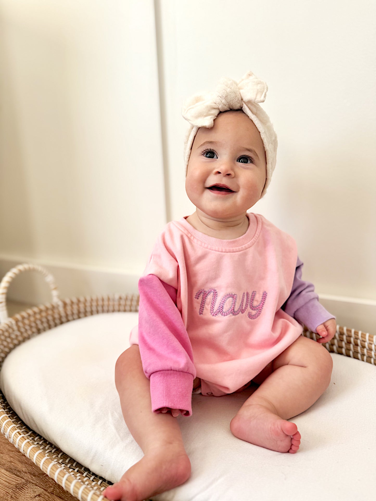 Custom Embroidered Colorblock Sweatshirt Romper - Pink & Purple