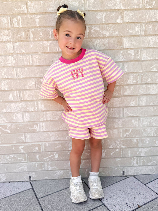 Pink Striped Organic Cotton Shorts Set - Optional Custom Embroidery