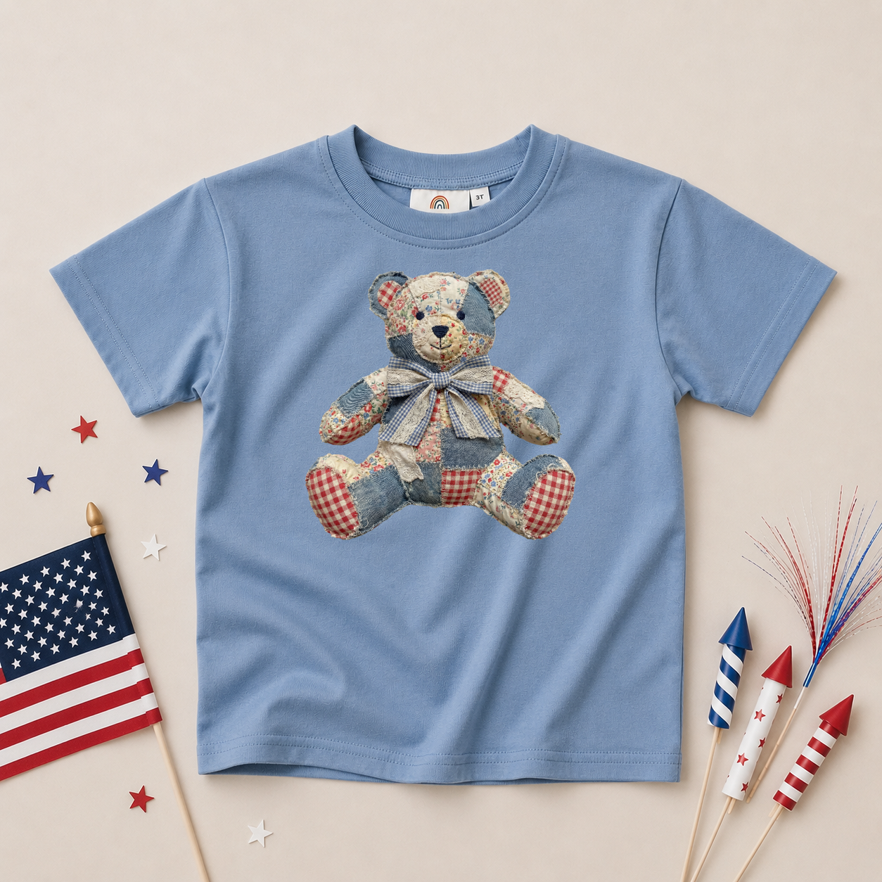 Americana Quilted Teddy Bear Oversized Tee or T-Shirt Bubble Romper