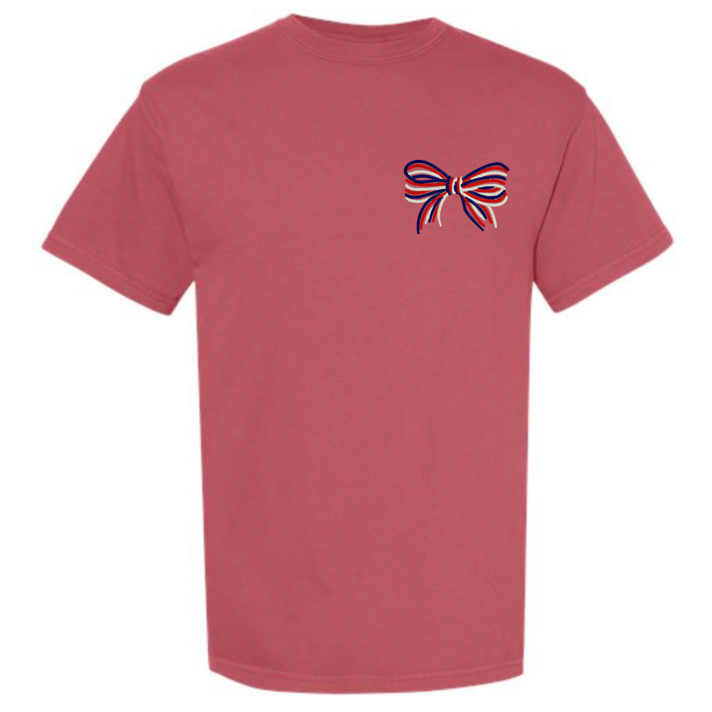 Custom Embroidered Women's 4th of July Bow on Comfort Colors Tee