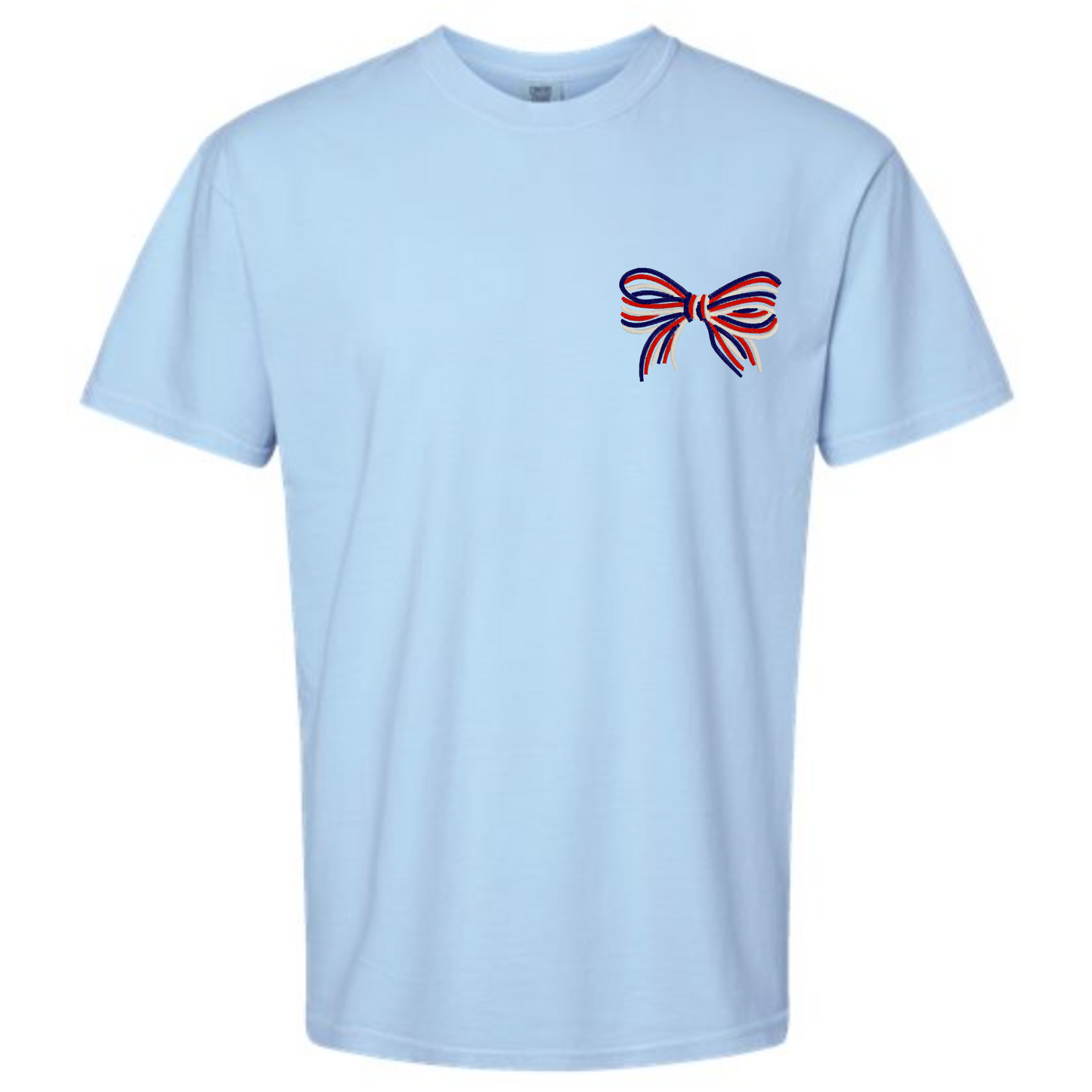 Custom Embroidered Women's 4th of July Bow on Comfort Colors Tee