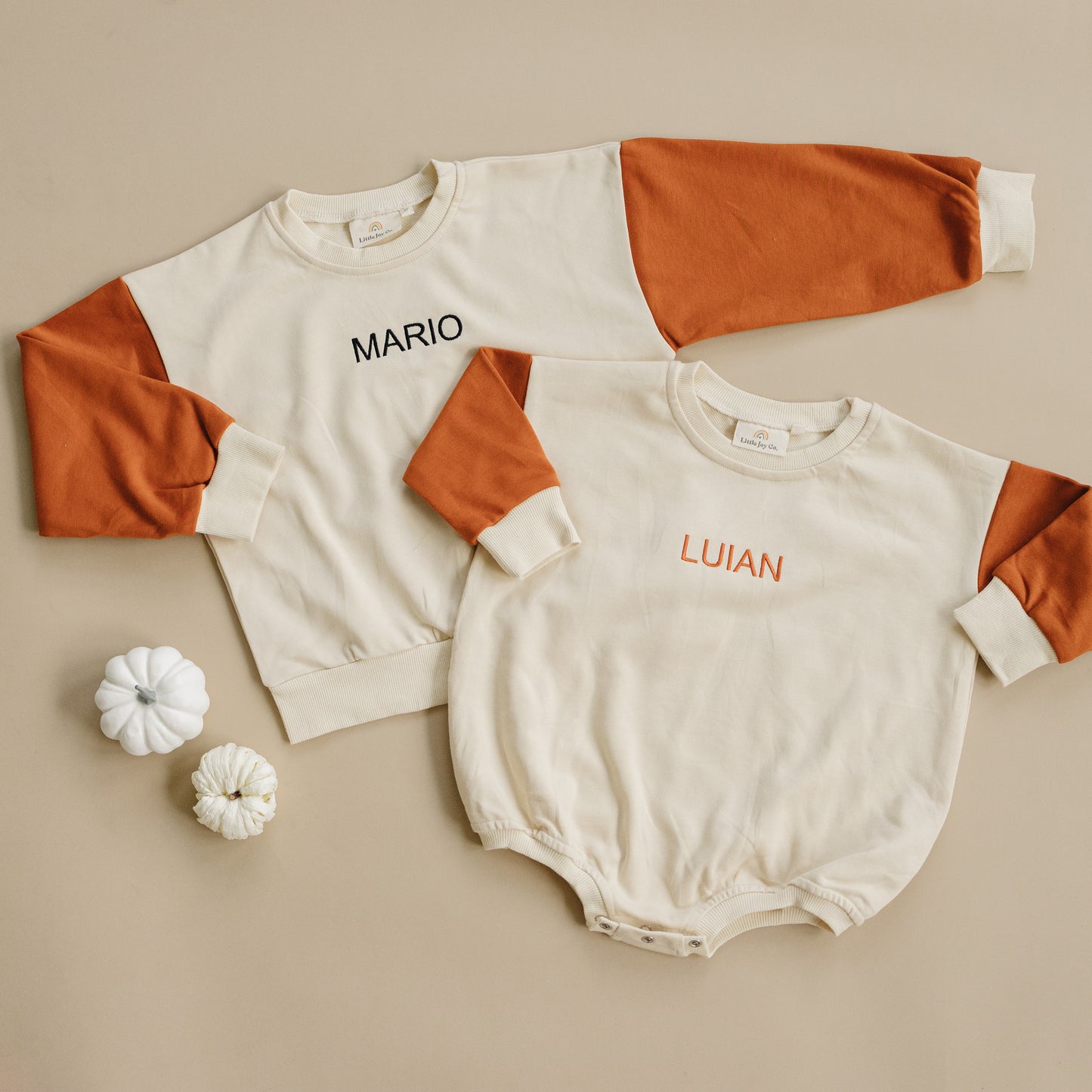 Custom Embroidered Orange Colorblock Crewneck Sweatshirt or Romper