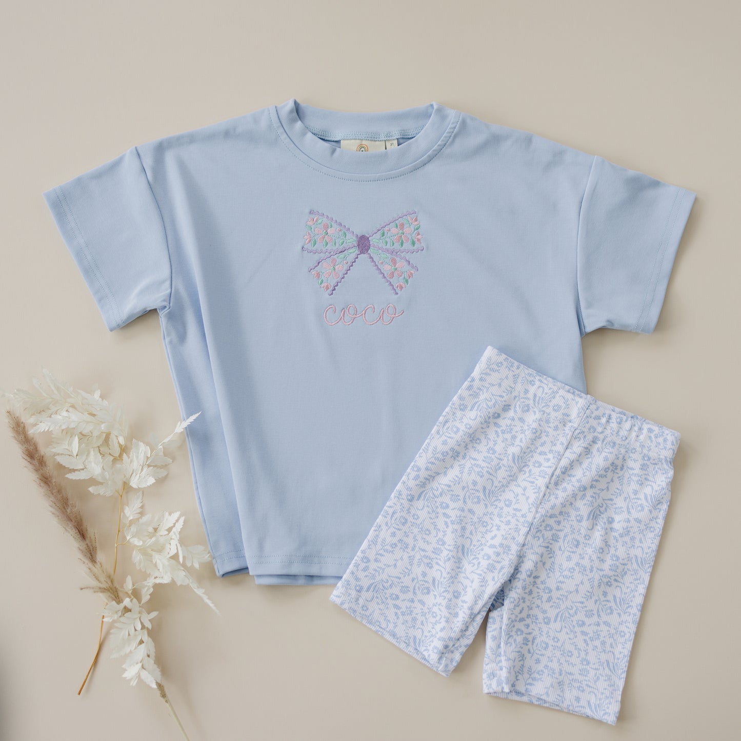Custom Embroidered Light Blue Oversized Tee or T-Shirt Romper - Floral Bow Design