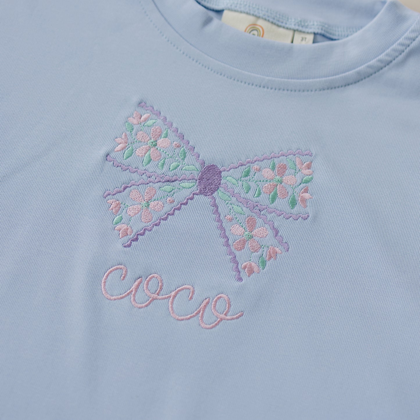 Custom Embroidered Light Blue Oversized Tee or T-Shirt Romper - Floral Bow Design