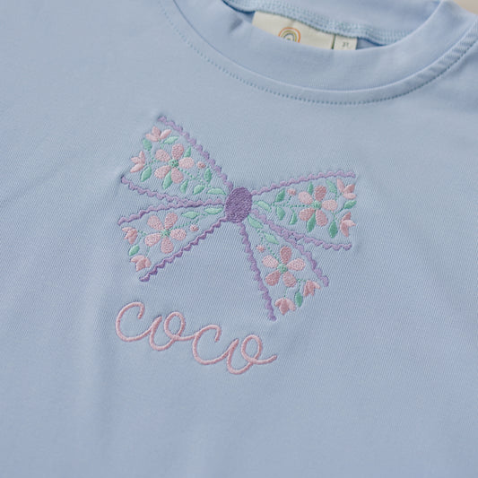 Custom Embroidered Light Blue Oversized Tee or T-Shirt Romper - Floral Bow Design