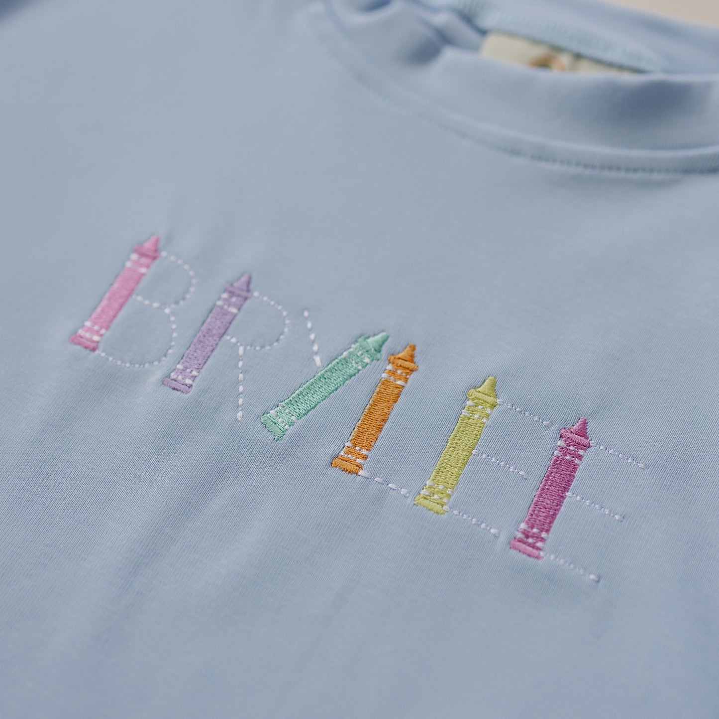 Custom Embroidered Light Blue Oversized Tee or T-Shirt Romper - Back to School Crayon Font