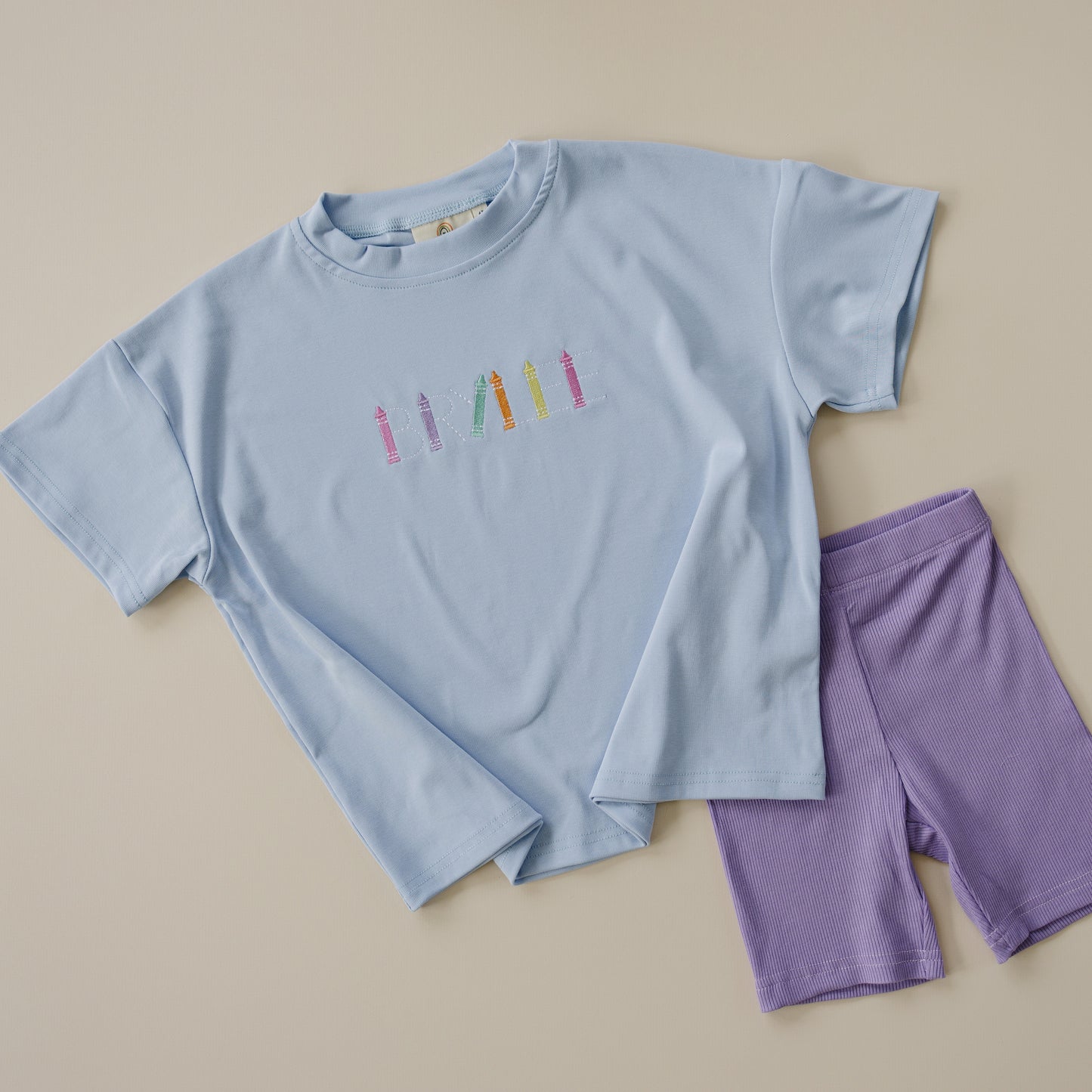 Custom Embroidered Light Blue Oversized Tee or T-Shirt Romper - Back to School Crayon Font