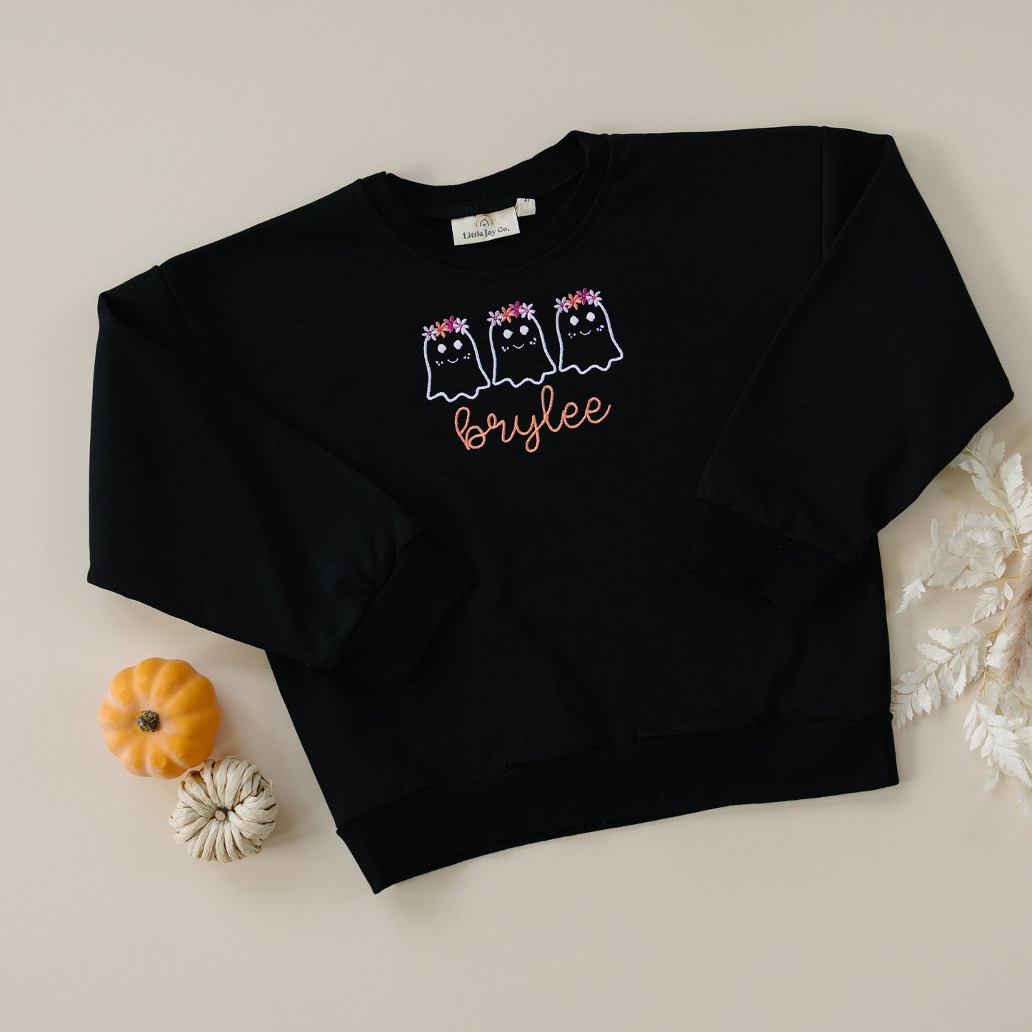 Custom Embroidered Black Halloween Sweatshirt, Tee or Bubble Romper - Girly Ghosts