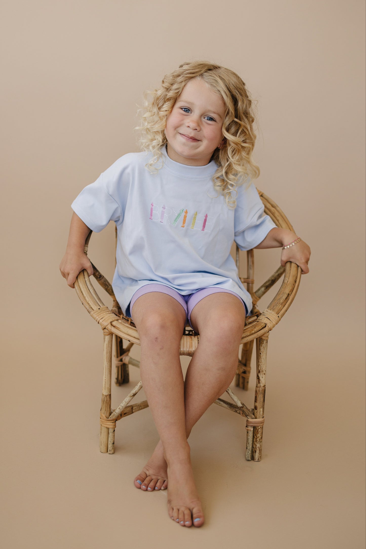Custom Embroidered Light Blue Oversized Tee or T-Shirt Romper - Back to School Crayon Font