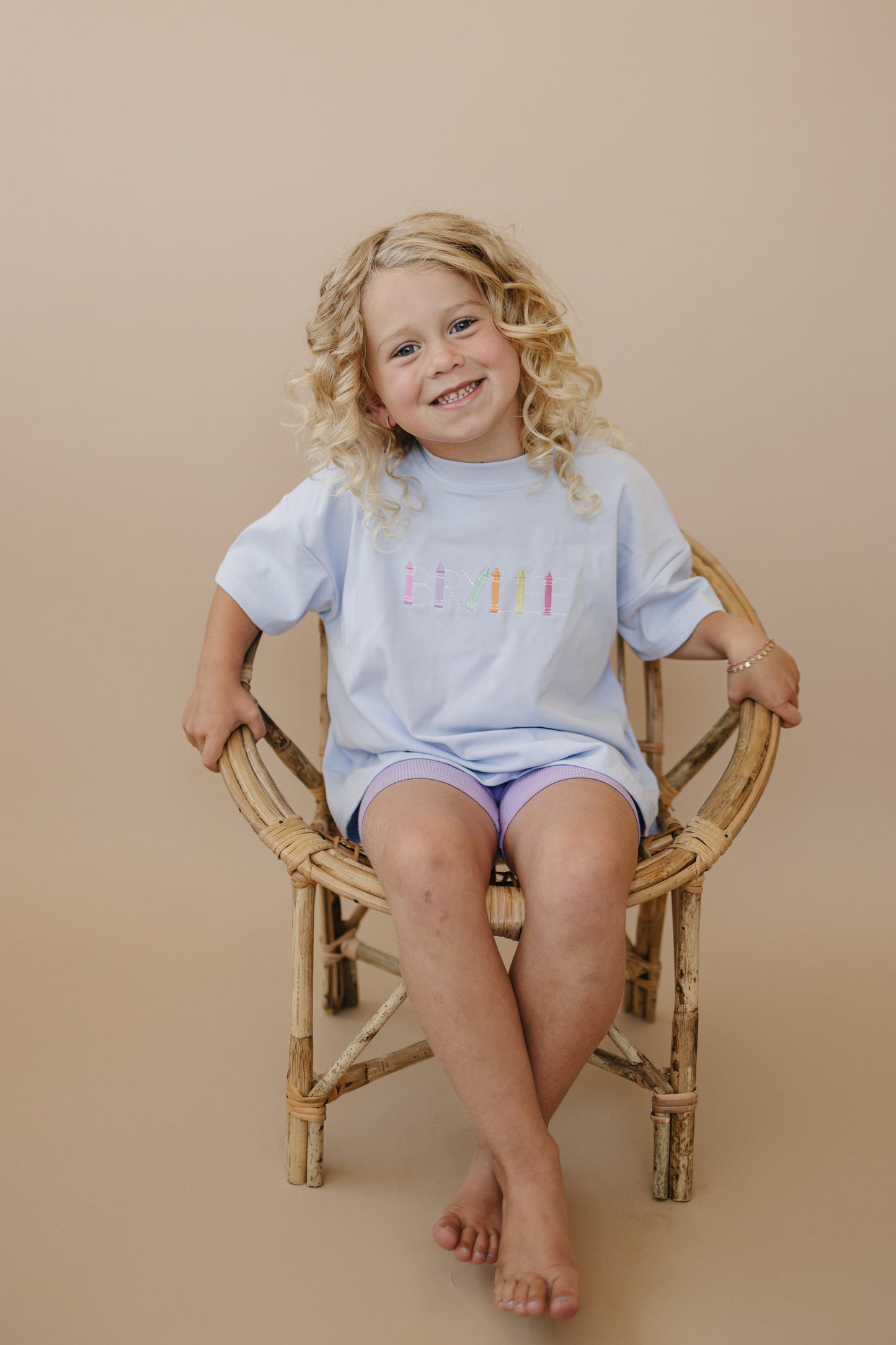 Custom Embroidered Light Blue Oversized Tee or T-Shirt Romper - Back to School Crayon Font