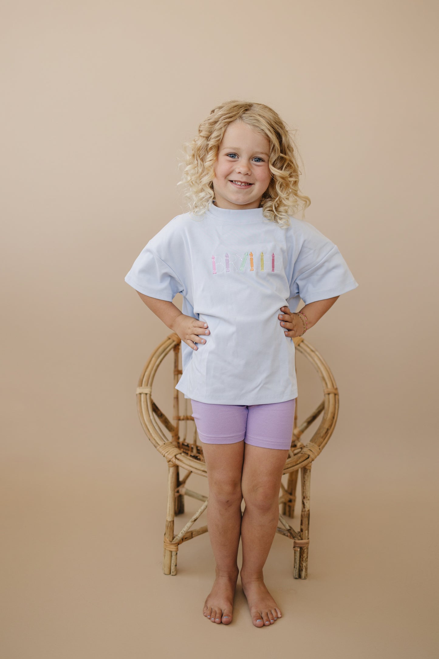 Custom Embroidered Light Blue Oversized Tee or T-Shirt Romper - Back to School Crayon Font