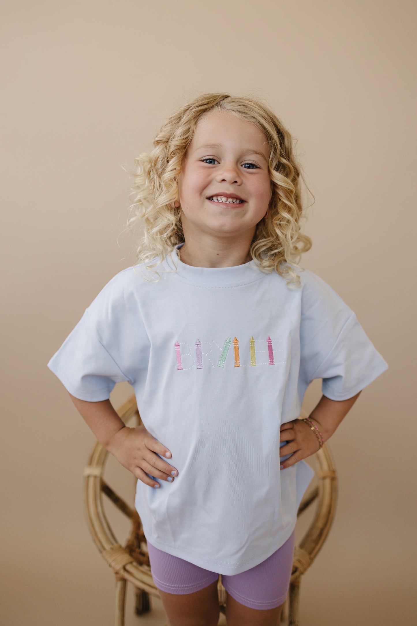 Custom Embroidered Light Blue Oversized Tee or T-Shirt Romper - Back to School Crayon Font